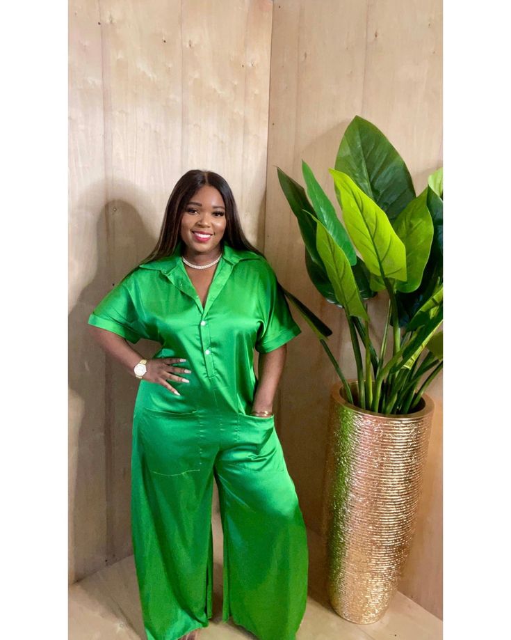 This green wideleg jumpsuit is perfect for so many occasions… pair it with boots , pumps or flats and get ready to turn heads ! The material is so soft and the over size look never goes out of style! Non-stretch jumpsuit Collar Midi sleeves Wide legs Satin Button closure 65% polyester 35% cotton Wash separately Inseam is 26 inches One size Chic Green Jumpsuits And Rompers For Night Out, Green Wide Leg Jumpsuits And Rompers For Party, Green Wide Leg Jumpsuits For Party, Green Wide-leg Jumpsuits For Party, Trendy Green Jumpsuits And Rompers For Night Out, Green Short Sleeve Jumpsuits And Rompers For Work, Green Jumpsuits And Rompers For Spring Loungewear, Green Wide Leg Jumpsuits And Rompers For Spring, Trendy Green Jumpsuits And Rompers For Loungewear