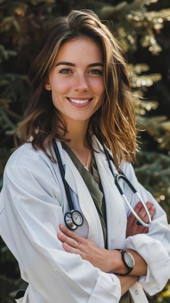 a woman wearing a white lab coat and stethoscope standing with her arms crossed