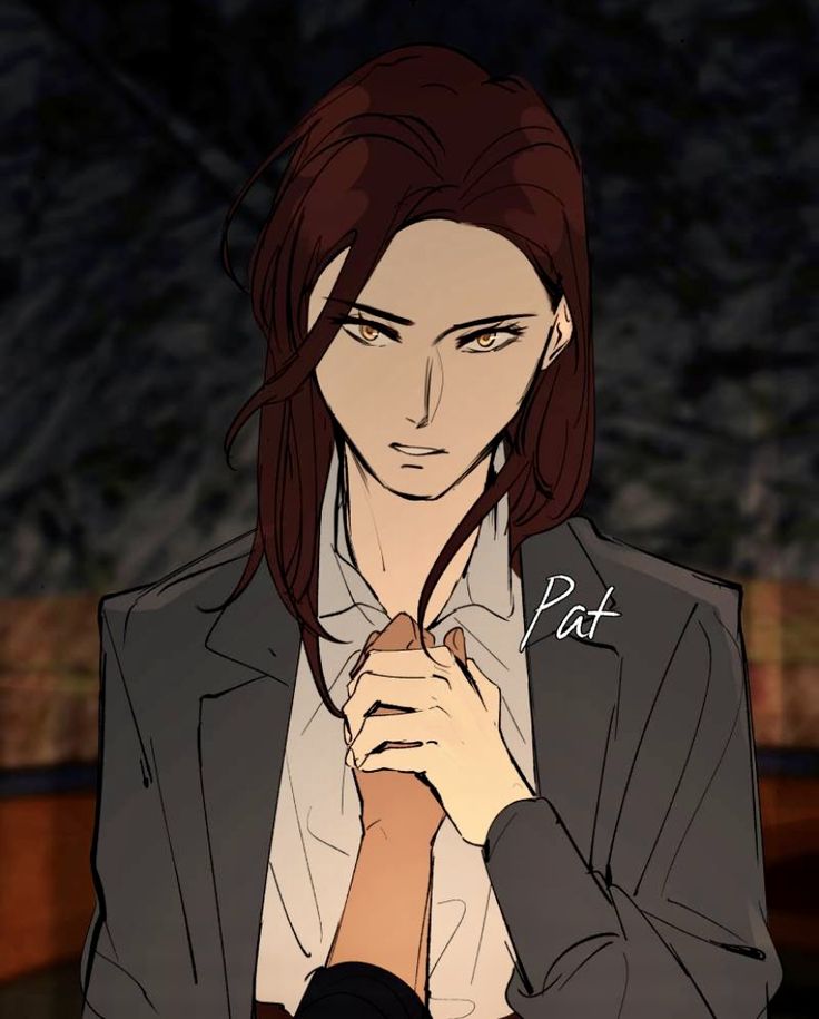 an anime character with red hair wearing a suit and holding his hand to his chest