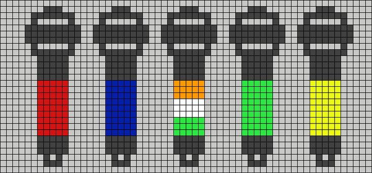 a cross stitch pattern with different colored tools on the same row as shown in red, green, blue, and yellow