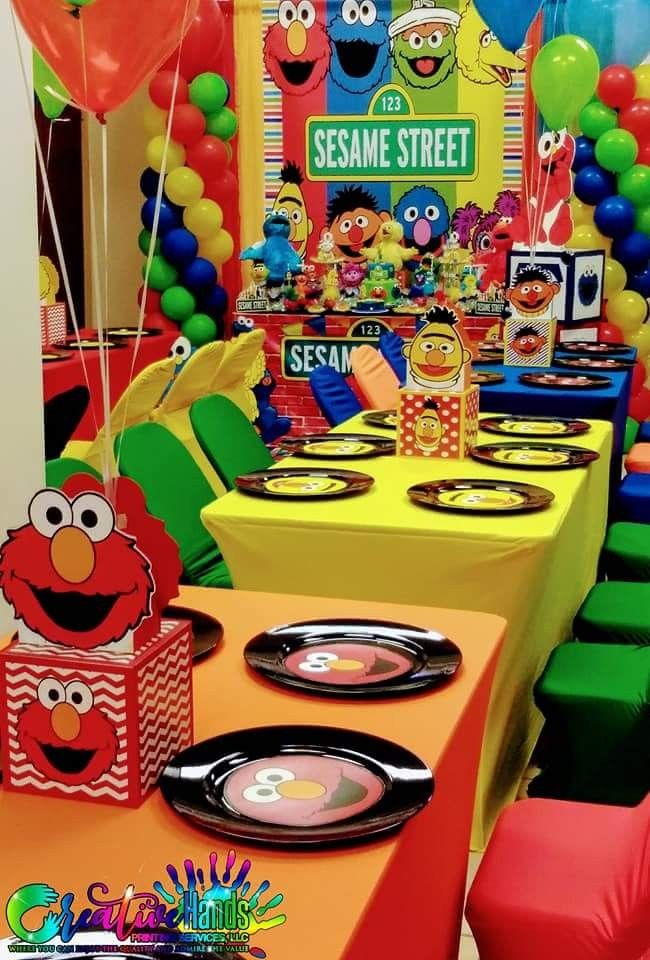 the sesame street birthday party is set up