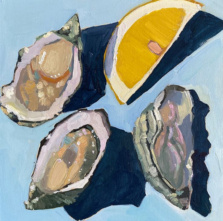 an oil painting of three oysters on a blue background with a slice of lemon