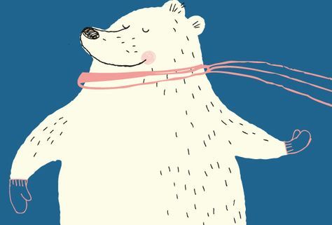 a drawing of a polar bear with a pink ribbon around its neck