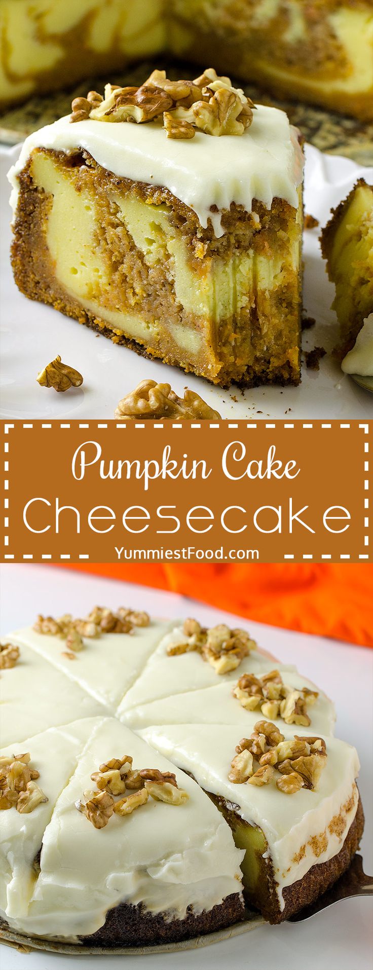 pumpkin cake cheesecake with white frosting and pecans on top, sliced into squares