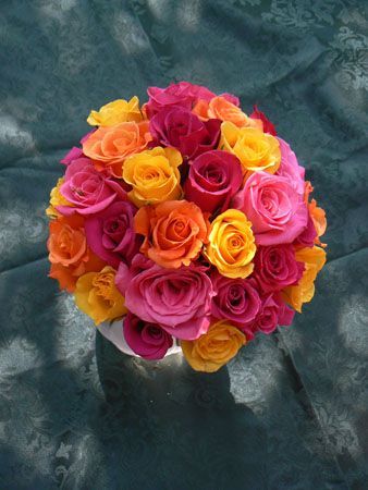 a bunch of flowers that are sitting in a vase with color swatches on it