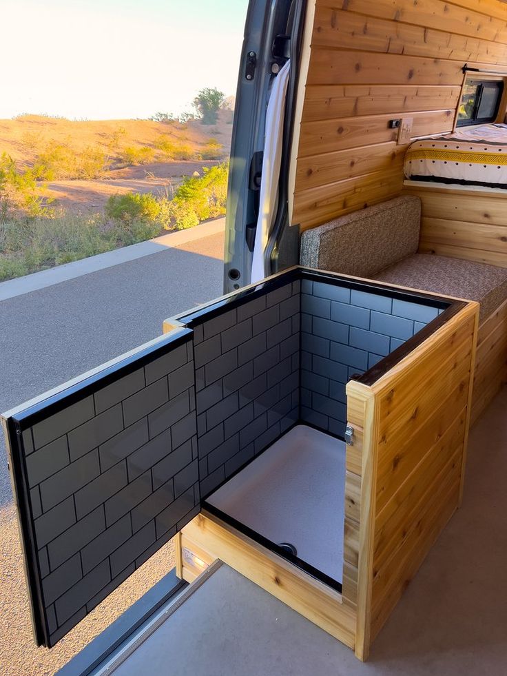 the inside of a van with its door open