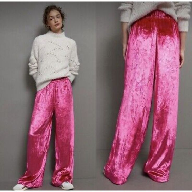 Pink Maeve Anthropologie Velvet Elastic Waist Wide-Leg Pull-On Pants Side Slant Pockets Wide-Leg Silhouette Pull-On Styling Pink Velvet Pants, Tuxedo Jumpsuit, Cropped Jackets, Silky Pants, Wide Leg Crop Pants, Oversized Sweaters, Pink Jumpsuit, Printed Wide Leg Pants, Slim Trousers