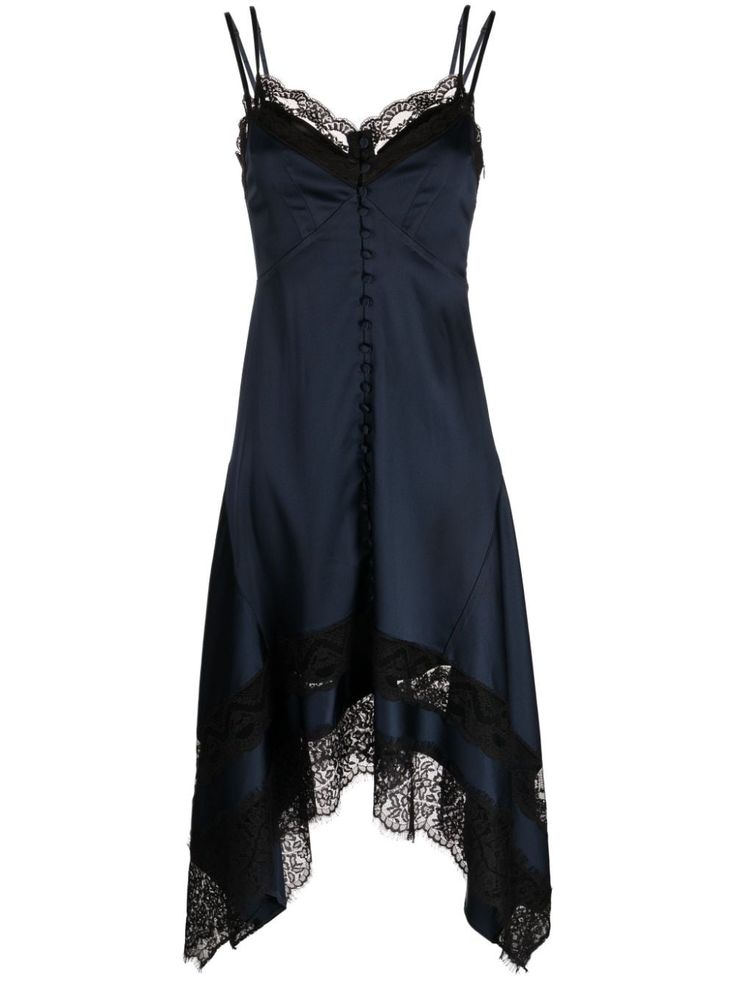 midnight blue satin finish A-line lace trim sweetheart neck front button fastening adjustable spaghetti straps asymmetric hem mid-length Midi Dress Blue, Handkerchief Hem, Satin Midi Dress, Alternative Outfits, Blue Midi Dress, Sweetheart Neck, Knee Length Dresses, Blue Satin, Dark Fashion