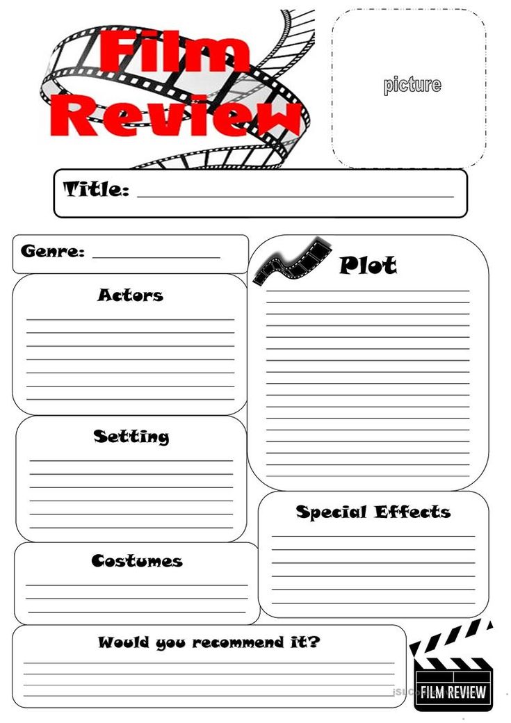 the film review worksheet is shown in black and white, with red lettering