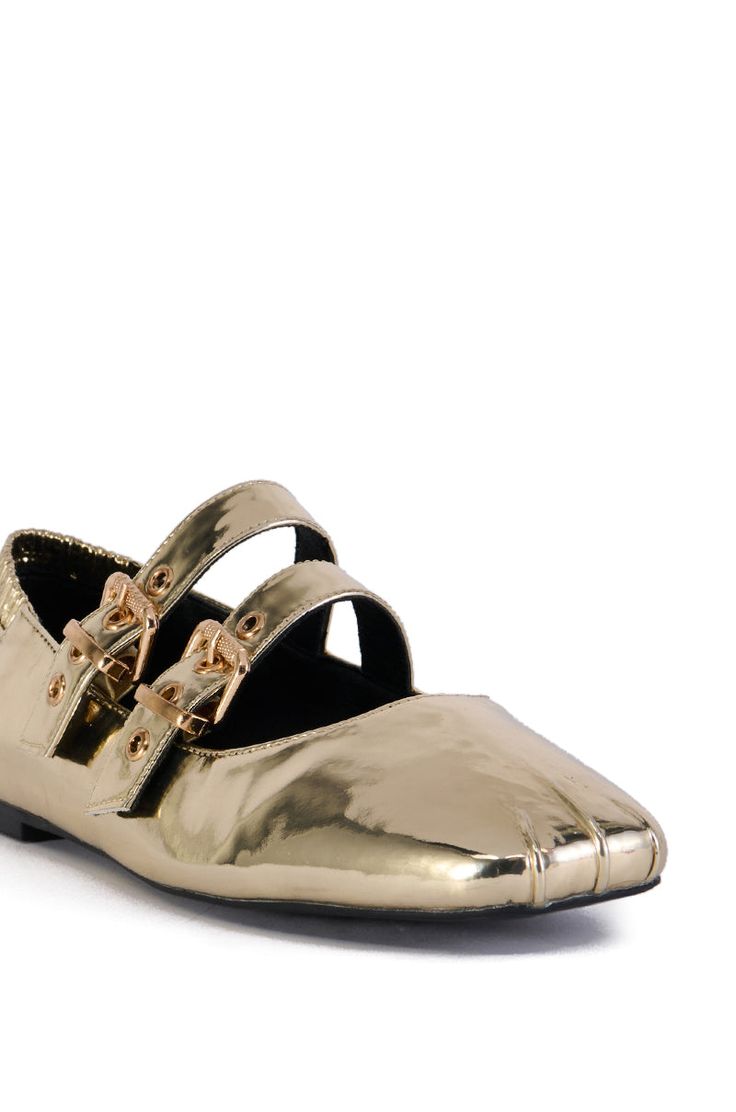 Shining, shimmering, splendid. The AZALEA WANG Kimberlie Gold Ballet Flat features a reflective metallic faux leather upper, a square toe silhouette, faux gold hardware, and dual adjustable buckle straps providing a Mary Jane silhouette. Complete with a Comfort Cushion insole, an elasticated back ankle detailing, and a rubber outsole. Style with a pleated mini skirt and short sleeve button down for a classic look.  (all measurements are approximate from size 7.5) - Faux Leather Upper - Square Toe - Rubber Outsole - Imported  Product ID: 401038 Gold Ballet Flats, Azalea Wang, Pleated Mini Skirt, Ballet Flat, Gold Hardware, Ballet Flats, Mini Skirt, Leather Upper, Mini Skirts