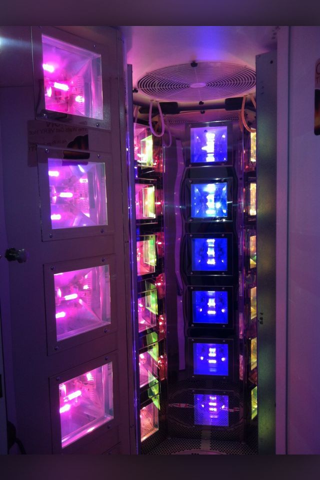 the inside of a refrigerator that is lit up with purple and blue lights in it