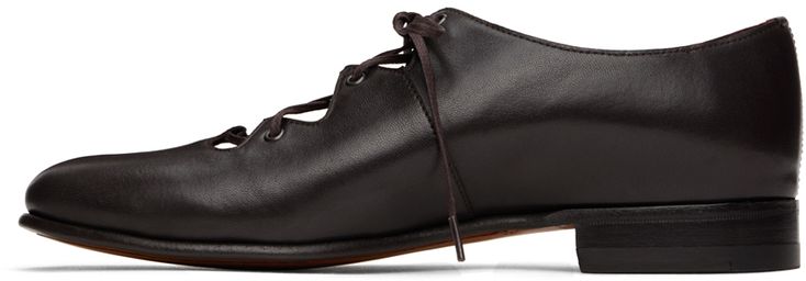 Nappa calfskin derbys in brown. · Cutout at lace-up closure · Logo embossed at padded leather footbed · Patent leather and suede lining · Leather block heel with rubber injection · Leather sole Supplier color: Brown Brown Lace-up Derby Shoes With Leather Sole, Brown Leather Sole Lace-up Shoes For Derby, Brown Oxfords With Leather Sole For Derby, Brown Leather Sole Oxfords For Derby, Calf Leather Oxfords With Leather Sole, Brown Cap Toe Lace-up Shoes For Derby, Brown Derby Shoes With Leather Sole And Almond Toe, Brown Lace-up Oxfords With Leather Lining, Brown Calf Leather Cap Toe Lace-up Shoes