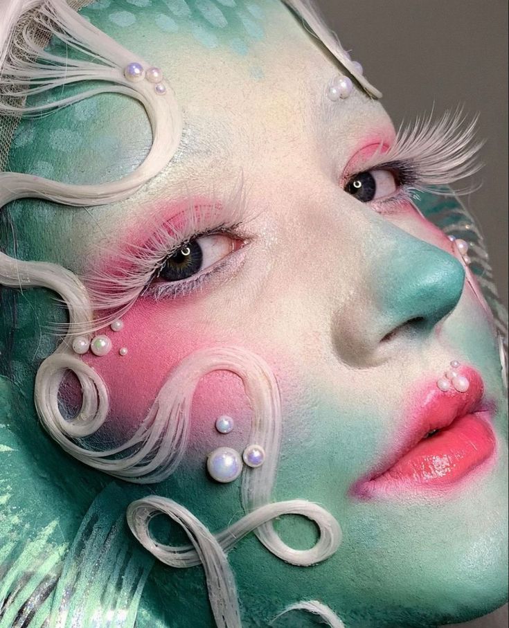 Jellyfish Makeup Halloween, Clown Fish Mermaid, Mermaid Cosplay Makeup, Jelly Fish Makeup, Clown Mermaid, Merman Makeup, Sea Creature Makeup, Octopus Makeup, Jellyfish Makeup