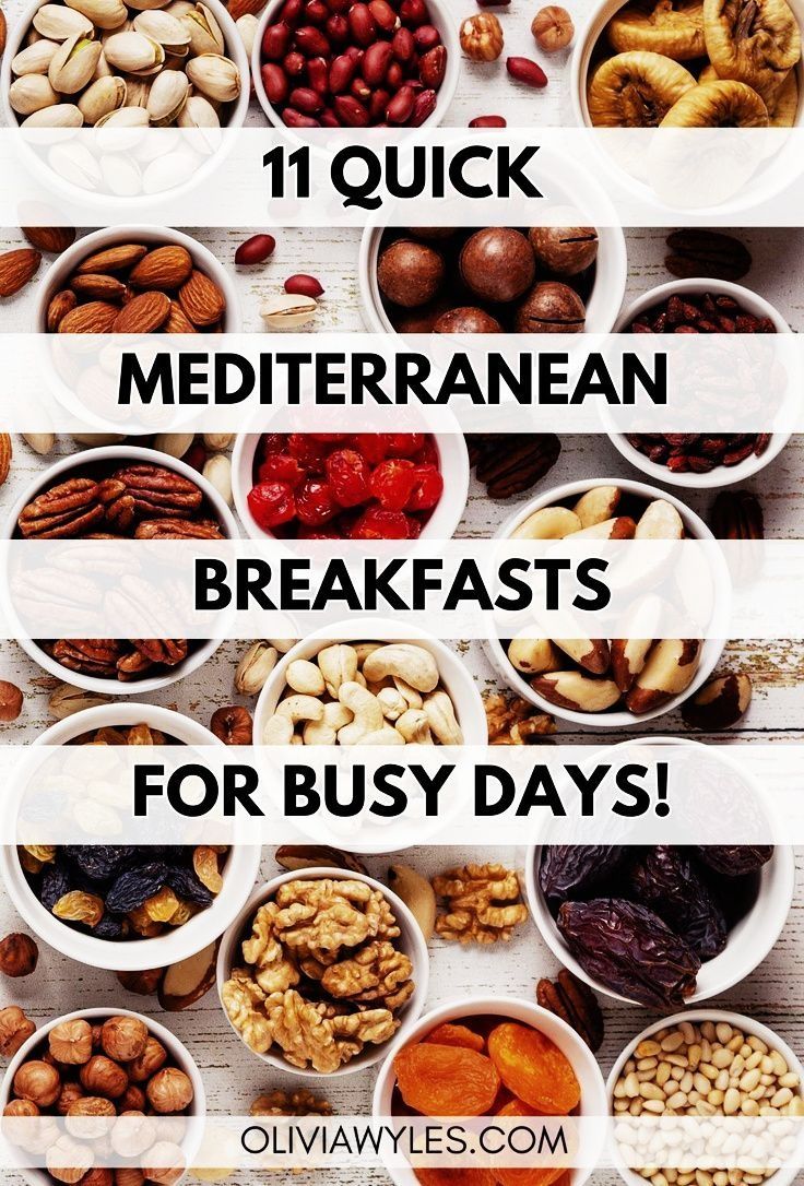 different types of nuts in bowls with the words 11 quick mediterranean breakfasts for busy days