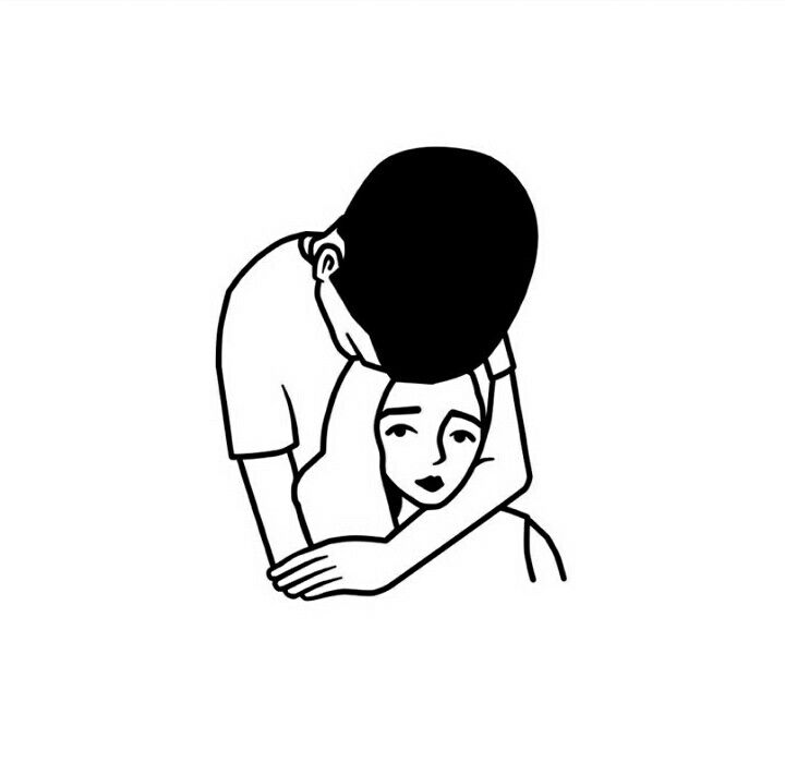 a black and white line drawing of a man hugging a woman's head with his arm around her neck