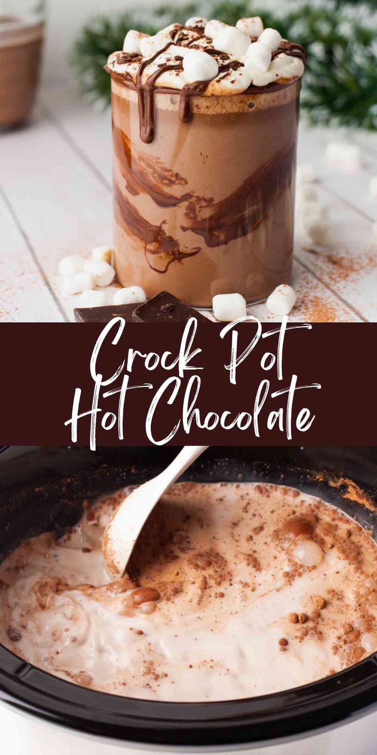 hot chocolate in a crock pot with marshmallows on top and the title overlay