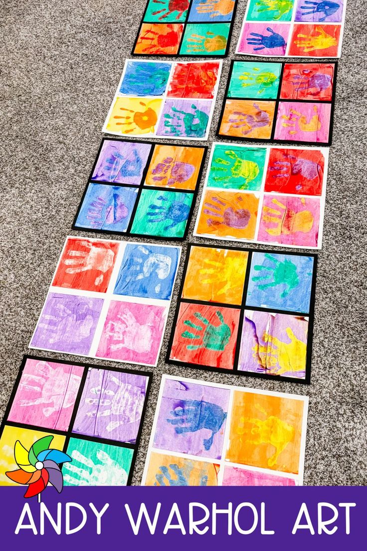 art project for kids using handprints and watercolor paper on the ground with text overlay that says andy warhol art