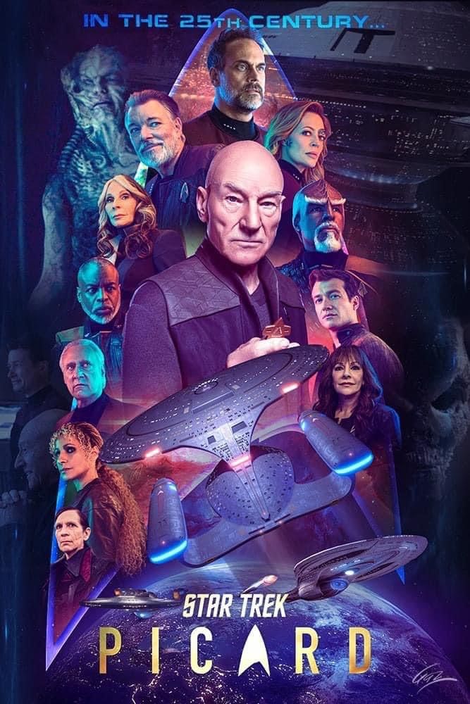 the poster for star trek picard, with all of the characters and their spaceships