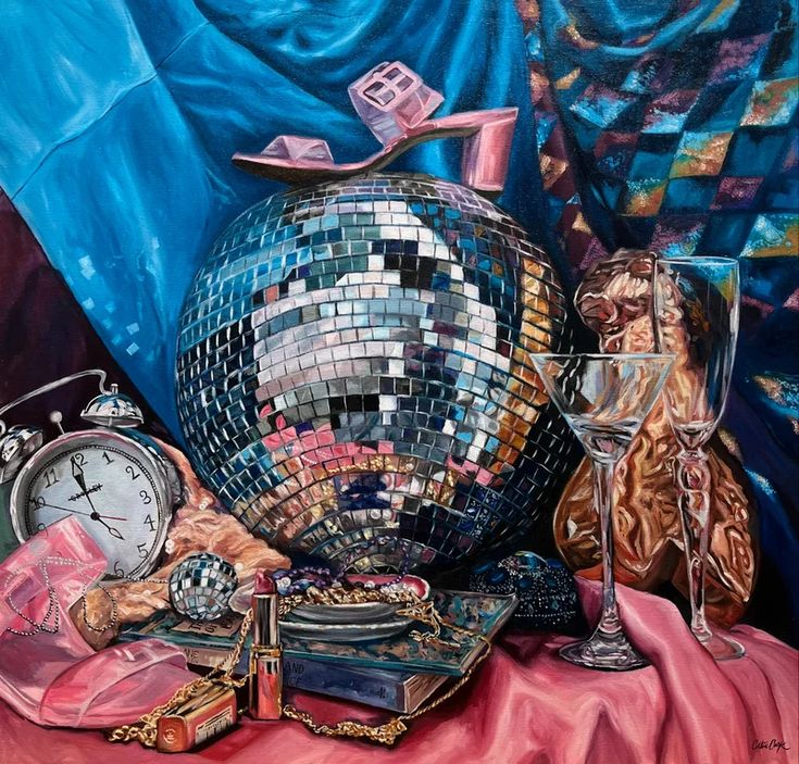 a painting of a disco ball, clock and other items on a pink table cloth