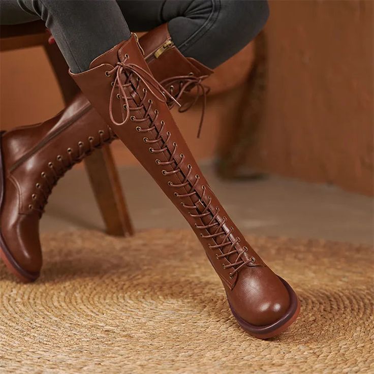 Vintage Lace Up Boots, Victorian Boots, Grannie Boots, Vintage Retro Boots, Gothic Boots, Zipper Boots, PU Leather Boots, Lace Up Boots, Suede Boots, Black Women's Boots. Discover sophisticated comfort with our Women's Lace Up Knee High Boots. Crafted from premium Genuine Leather, these boots are both stylish and durable. With classic lace-up design they provide an incredibly comfortable fit and are perfect for any occasion. Effortlessly stylish, they will instantly add a fashionable twist to an Long Leather Boots Outfit, Victorian Boots Women, Vintage Lace Up Boots, Genuine Leather Knee High Boots, Boots Victorian, Leather Boots Outfit, Lace Up Knee High Boots, Ladies Long Boots, Retro Boots