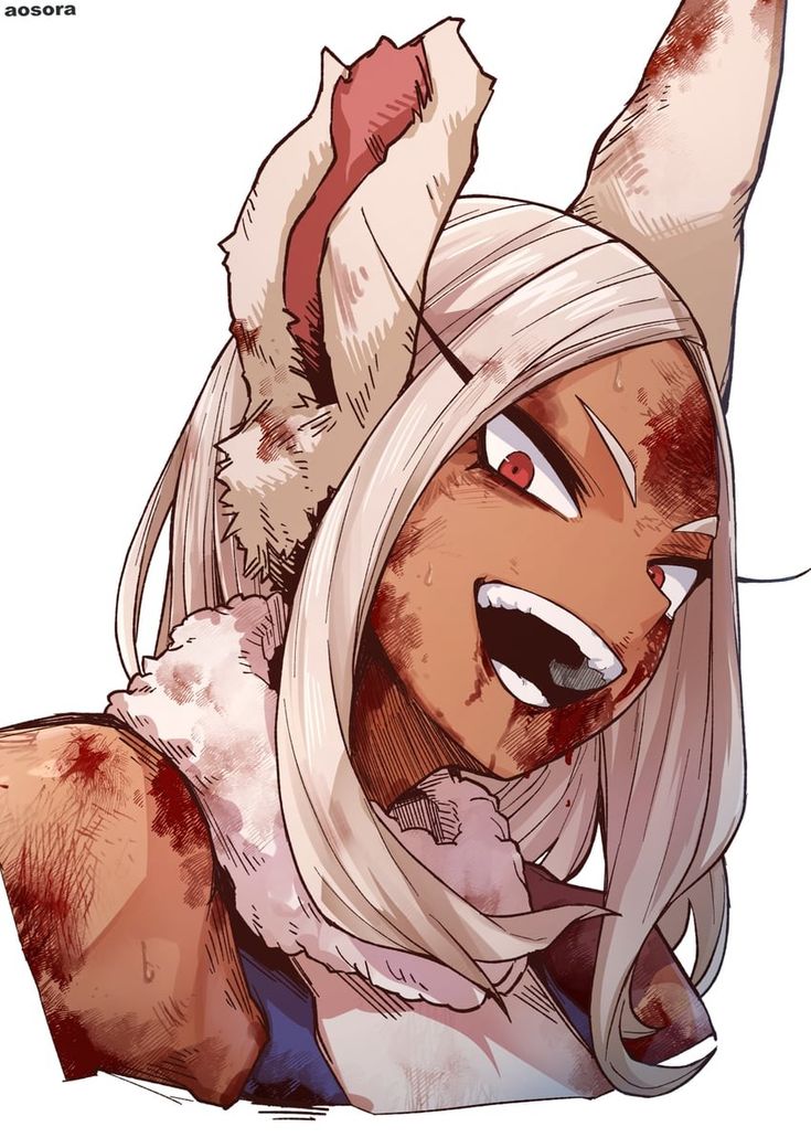 an anime character with white hair and blood on her face, wearing a bunny costume