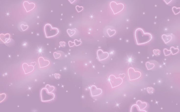 pink hearts are flying in the air with sparkles and stars around them on a purple background