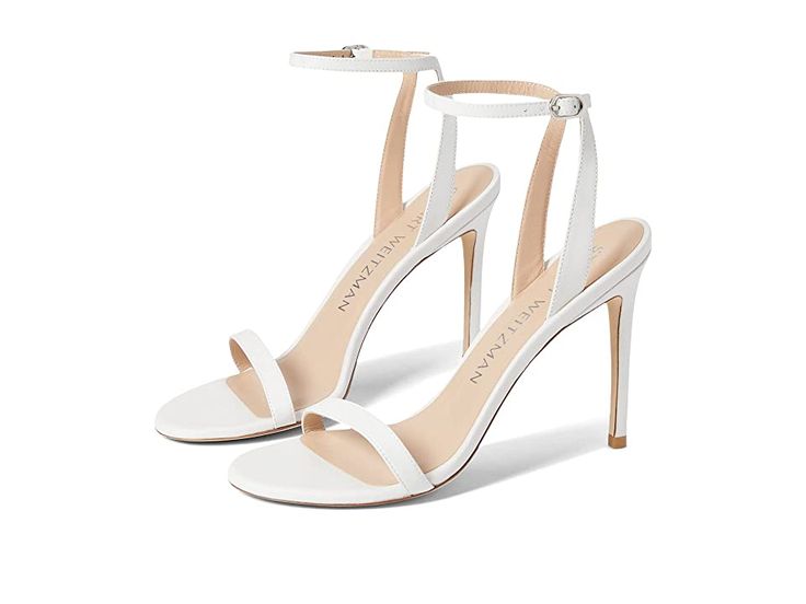 Stuart Weitzman Barelynude 100 Sandal - Women's Shoes : White : Stay tall and confident wearing the Stuart Weitzman Barelynude 100 Sandals. Leather upper. Leather lining and insole. Ankle strap design. Buckle strap closure. Slip-on style. Leather outsole. Made in Spain. Measurements: Heel Height: 4 in Weight: 7 oz Product measurements were taken using size 9, width B. Please note that measurements may vary by size. Weight of footwear is based on a single item, not a pair. Luxury White Heels, Lirika Matoshi, Fur Heels, Stuart Weitzman Heels, Fame Dr, Sandals Leather, White Heels, Strap Design, Shoes White