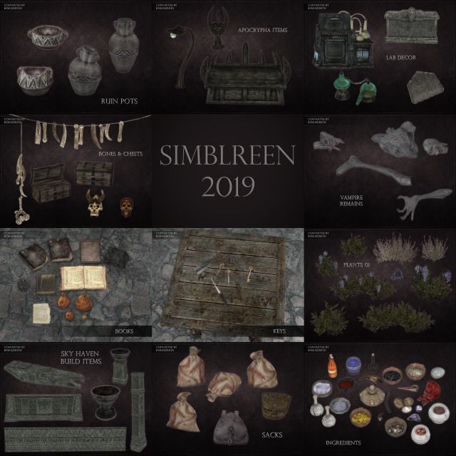 an assortment of items and artifacts from the game simbreen 2019, with text overlaying them