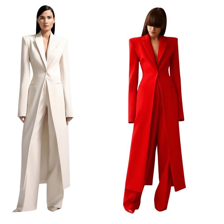 Elevate your style and make a statement of elegance with the Formal Women's Pant Suit Set. Designed for the modern and sophisticated woman, this stunning ensemble will command attention and exude confidence wherever you go. Crafted with exceptional craftsmanship and attention to detail, the tailored long blazer offers a sleek and professional silhouette, while the matching pants provide a comfortable and slimming fit. Made from premium quality fabric, this suit set is not only fashionable but also durable, ensuring long-lasting wear. Whether you're attending an important meeting, a formal event, or a job interview, this suit set is guaranteed to leave a lasting impression. Pair it with your favorite Drestiny heels and accessories to complete the look. Step into the boardroom with style and Structured Fitted Pantsuit For Party, Modern Fitted Long Sleeve Pantsuit, Modern Fitted Pantsuit With Long Sleeves, Elegant Structured Pantsuit For Party, Elegant Full-length Evening Suits, Chic Structured Party Suits, Elegant Full Length Evening Suits, Modern Evening Suits For Fall, Red Long Sleeve Suits For Evening