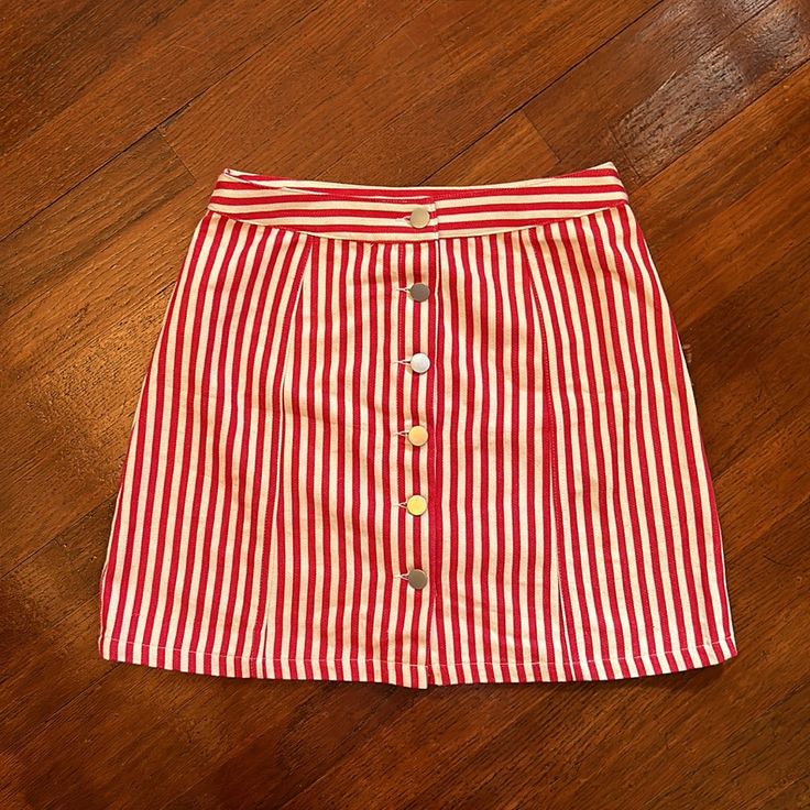 Purchased From Unique Vintage. Beautiful Skirt! Summer Striped Lined Skort, Red High Waist Skirt For Summer, Striped Lined Skort For Summer, Red Mini Skirt For Summer Day Out, High Waist Red Skirt For Summer, Red Lined Summer Skirt, Red Summer Skirt With Lining, Red Skort For Summer Day Out, Red Summer Day Out Skort