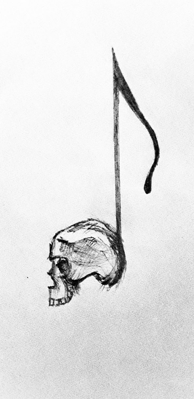 a black and white drawing of a skull with a musical note in it's mouth