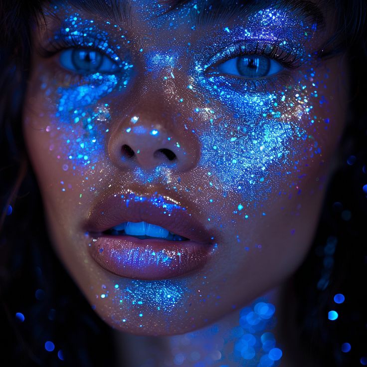 Aurora Borealis Makeup Look, Water Themed Makeup Look, Space Makeup Aesthetic, Black Hole Makeup, Blue Goddess Aesthetic, Dark Blue Glitter Makeup, Jelly Fish Makeup, Oil Spill Makeup, Blue Heart Makeup