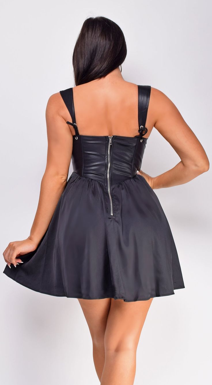 Mini length dress Satin bodice Back zipper closure Corset design 95% Polyester, 5% Spandex Model's height: 5'6" Model is wearing size S Corset Design, Dress Satin, Satin Mini Dress, Halter Neck, Dress Length, New Dress, Bodice, Cd, Spandex