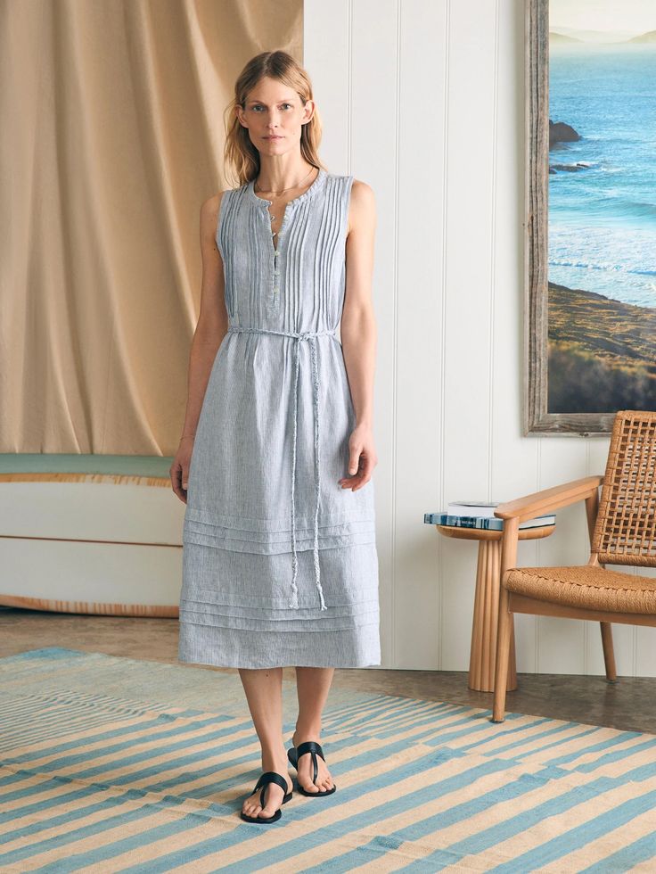 Isha Midi Dress - Blue Mini Stripe | Faherty Brand Fitted Midi-length Dress With Pintucks, Fitted Midi Dress With Pintucks, Daywear Midi Dress With Gathered Waist, Elegant Mid-length Dress With Gathered Waist, Spring Dress With Pintucks, Midi Dress With Gathered Waist For Daywear, Midi Length Dress With Gathered Waist For Daywear, Casual Summer Dresses With Pintucks, Casual Summer Dress With Pintucks