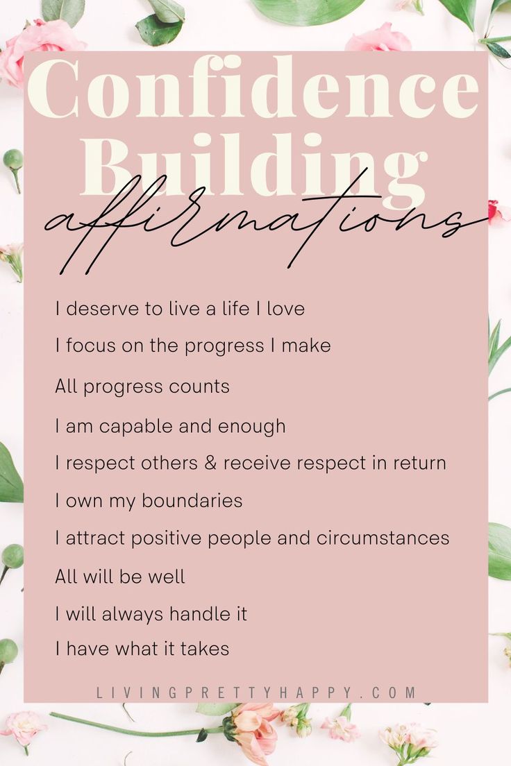 a pink poster with the words, confidence building affirmations on it and flowers surrounding