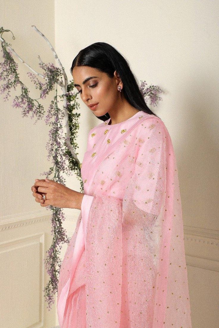 Baby Pink Saree with Stitched Blouse Set of 2 - Trendroots Baby Pink Saree, Pin Embroidery, Designer Baby, Pink Saree, Best Deal, Safety Pin, Baby Pink, One Shoulder Dress, Dry Clean