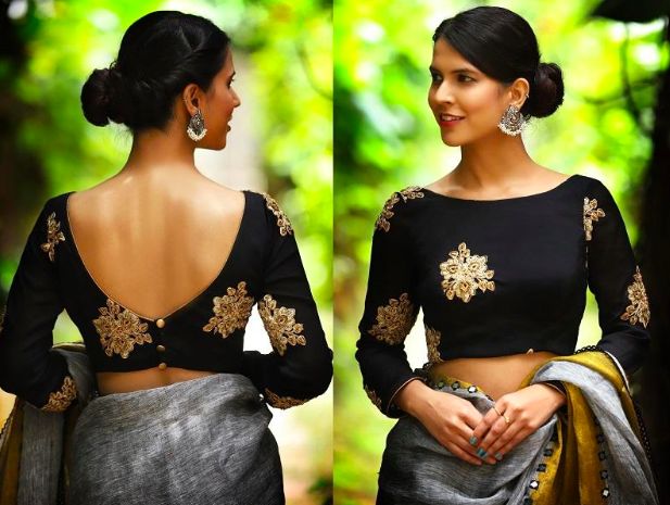 Plain Black Blouse Designs, Silk Saree Blouse Sleeves Design, Plain Silk Blouse Designs, Front Neck Blouse Designs, Saree Jacket Designs, India Saree, Indian Blouse Designs, Boat Neck Blouse Design, Boat Neck Blouse