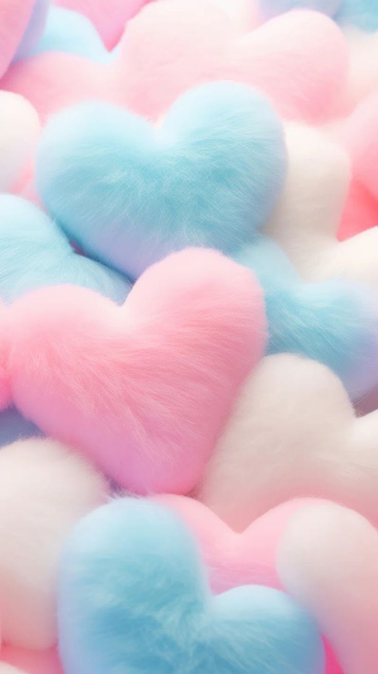 heart - shaped cotton candys in pastel blue, pink and white colors are scattered on top of each other