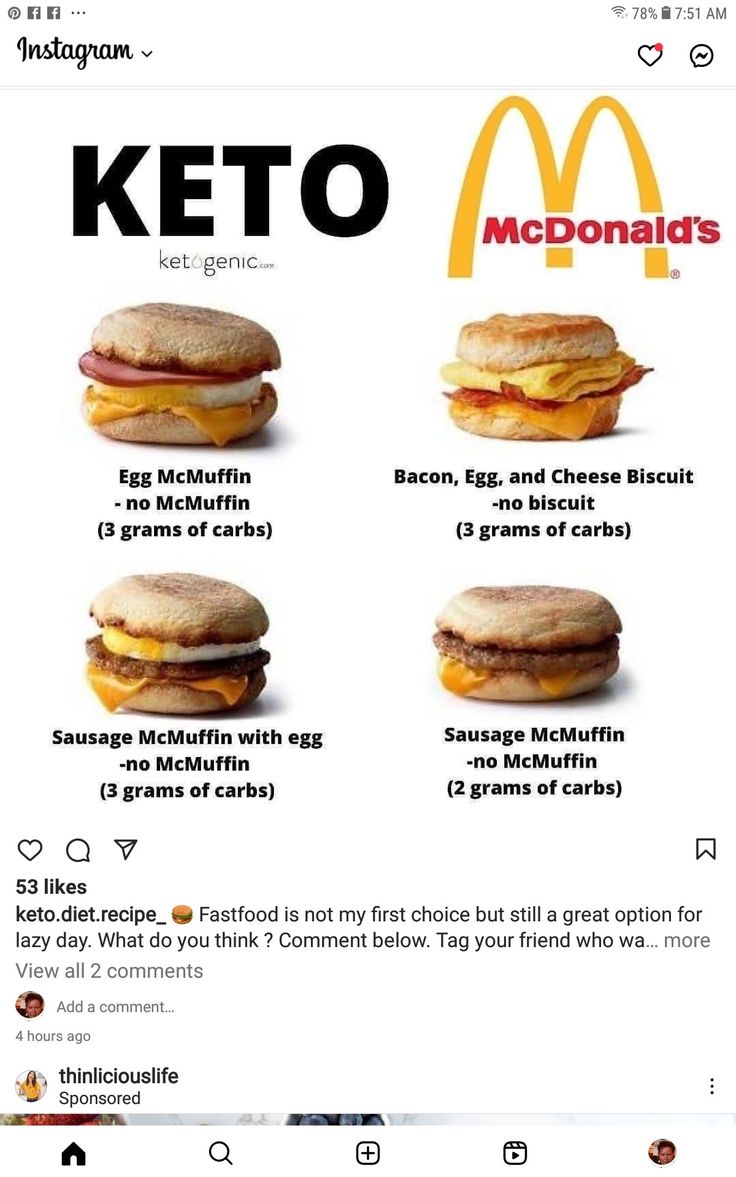 the mcdonald's keto breakfast menu is shown on an instagram page, with instructions for how to make it