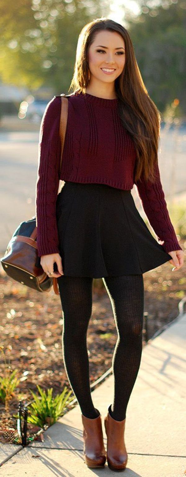 A simple yet elegant looking fall outfit combination. Combine that long sleeved high top with a pretty black skirt, stockings and cute short boots. Stylish Fall Outfits, 가을 패션, Fall Fashion Outfits, Black Tights, Looks Style, Fall Winter Outfits, Black Skirt, Outfits Casuales, Skirt Outfits