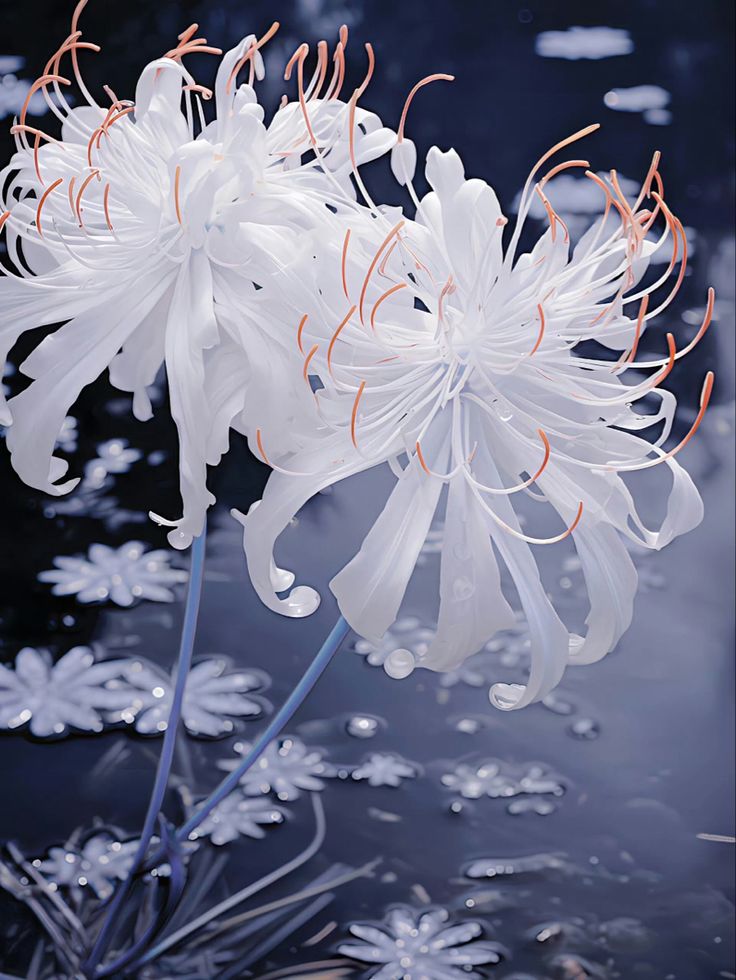 white flowers with orange stamens floating in water