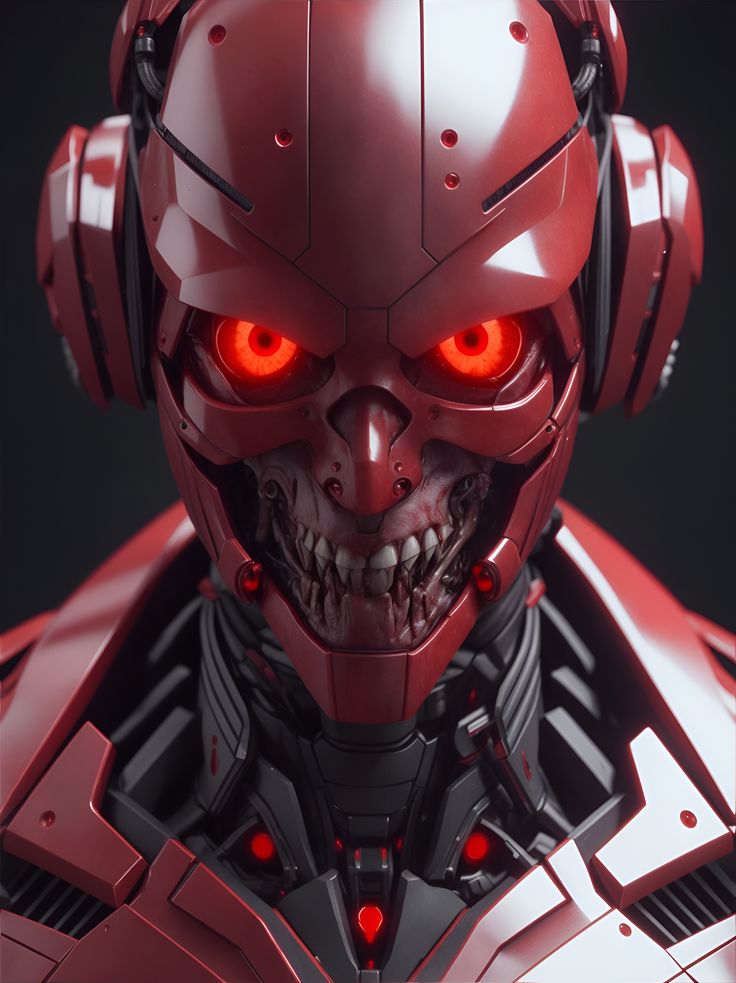 a robot with red eyes and headphones on