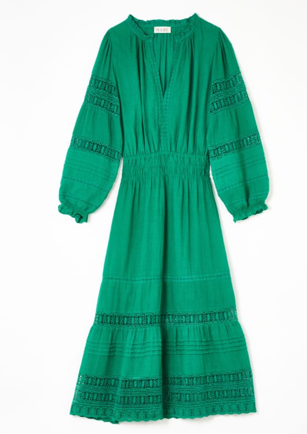 Effortless, easy, and chic, the Loretta Midi Dress in green exudes a playful charm with its tiered skirt, billowy sleeves, and ruffle detailing. The deep v neckline adds a touch of allure while the elastic waistband provides a comfortable fit. Perfect for any occasion, this dress is lightly lined for uncomplicated style. Billowy Sleeves, Cotton Midi Dress, Green Midi Dress, Lace Insert, Cotton Voile, Spring Dress, Premium Brands, Tiered Skirt, Pin Tucks