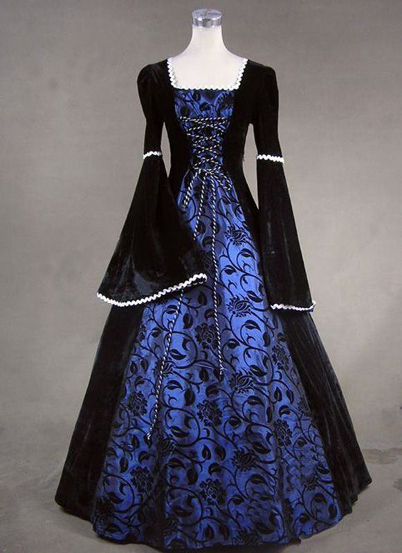 Medieval Victorian Queen Renaissance Fair Velvet Blue Floral Print Brocade Ball Gown Dress Reenactment Clothing     Condition: Brand New   Color: amp;nbsp; As Picture   Material: Brocade   Silhouette: Ball Gown   Sleeve Length: Full Sleeve   Dresses Length:Floor-Length   Neckline:Square Collar   Decoration: Lace   Style: Vintage   Includes: Dress     More Detail: About 45 inches (114 cm) long from waist to hem regardless of size. This dress is pictured with a 4-hoop skirt underneath to achieve t Cloth Reference, Gaun Abad Pertengahan, Belle Dresses, Medieval Gown, Fest Outfits, Victorian Costume, Old Fashion Dresses, Old Dresses, Medieval Dress