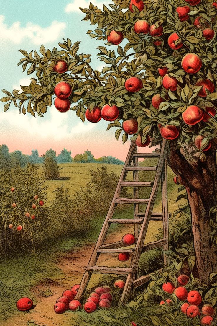 an apple tree with ladder and apples on the ground