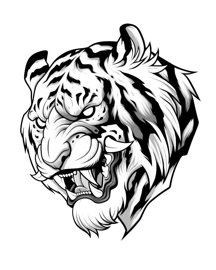 the head of a tiger is drawn in black and white