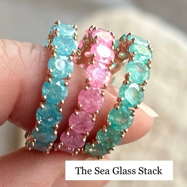 Adorable Trio Of Rings To Add To Your Wardrobe! The Sea Glass Stack Is Reminiscent Of Those Sunny Summer Days Spent By The Shoreline Or Picking Out Sweet Treats From The Boardwalk! Wear Them All Together Or Individually, These Are Perfect To Add A Fun Little Pop Of Color To Your Look! High Quality 585 Rose Gold (Stamped) Band With Round Cut Zircon Stones. This Listing Includes A Set Of Three Rings 1 Blue, 1 Pink And 1 Aqua-Green. These Are New, Unworn Boutique Rings That Will Not Come With An Or Pink Oval Stackable Jewelry, Adjustable Pink Gemstone Stackable Rings, Pink Stackable Round Jewelry, Pink Round Stackable Jewelry, Pink Oval Stackable Rings, Pink Stackable Rings With Ethical Gemstones As Gift, Pink Glass Round Jewelry, Pink Round Glass Jewelry, Interesting Rings