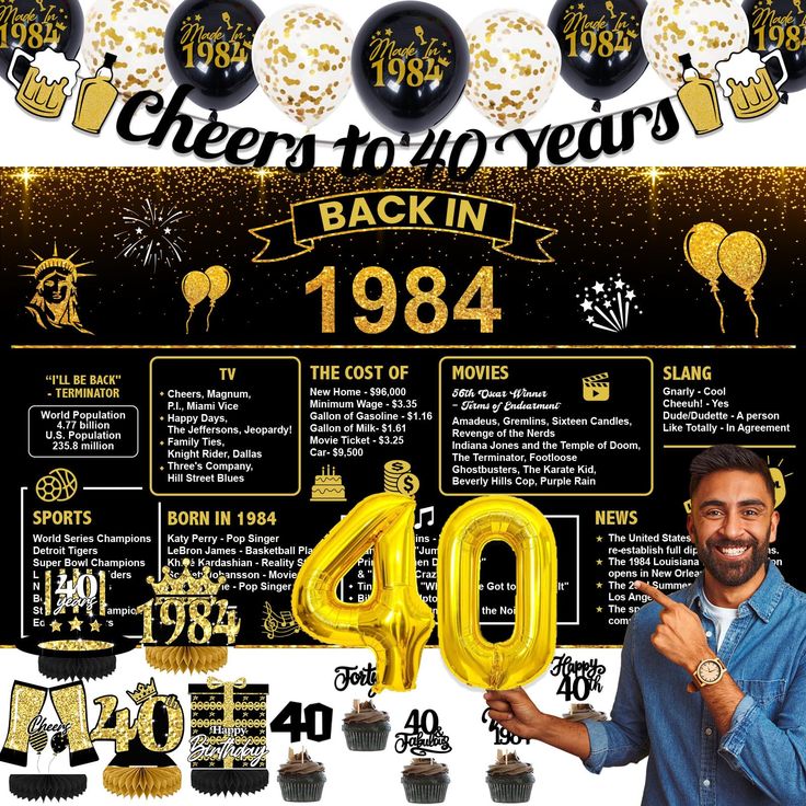 a man standing in front of a black and gold poster with the words cheers to 40 years back in 1994