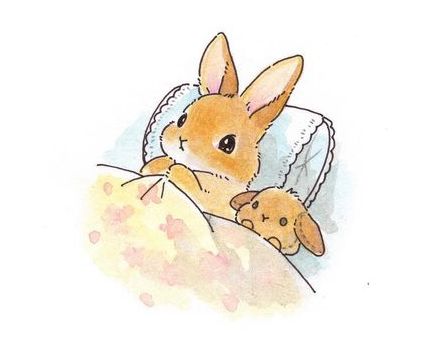 a drawing of a rabbit laying in bed with a teddy bear on it's back