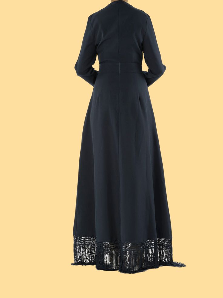 Add a little fun to your next night out with our Navy Fringe queen maxi dress. This sleek design will make you want to dance all night. Overlapping skirt features a ruched detail at the side, falling to an overlapping, tulip-style. The fabric in this dress is made from high quality polyester, unlined, perfect for cool nights. 58inch hand-wash polyester Full Length Ruched Evening Dress, Elegant Full-length Ruched Dress, Elegant Full Length Ruched Dress, Fitted Modest Maxi Dress, Modest Fitted Maxi Dress, Formal Ruched Maxi Gown, Full-length Ruched Dress For Gala, Spring Evening Maxi Wrap Dress, Full Length Ruched Dress For Gala